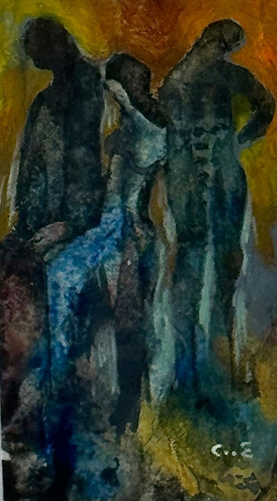 Original Oil 'Three Dark Figures Standing Together' by Mohammad Bushnaq