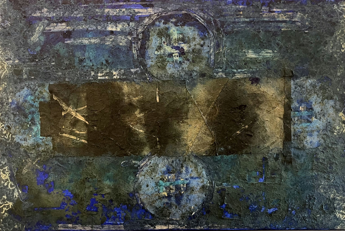 Original Mixed media 'Blue Brown Abstract Textured Composition' by Mohammad Abu AlNaja