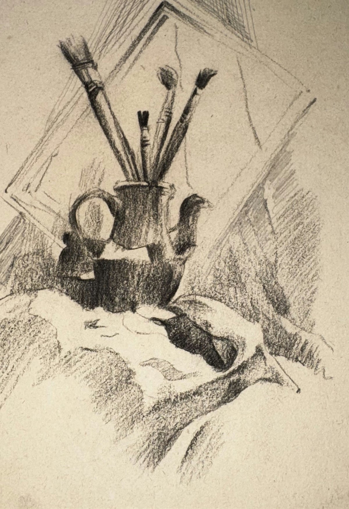 Original Mixed media 'Still Life With Brushes and Jug' by Mohammad Bushnaq