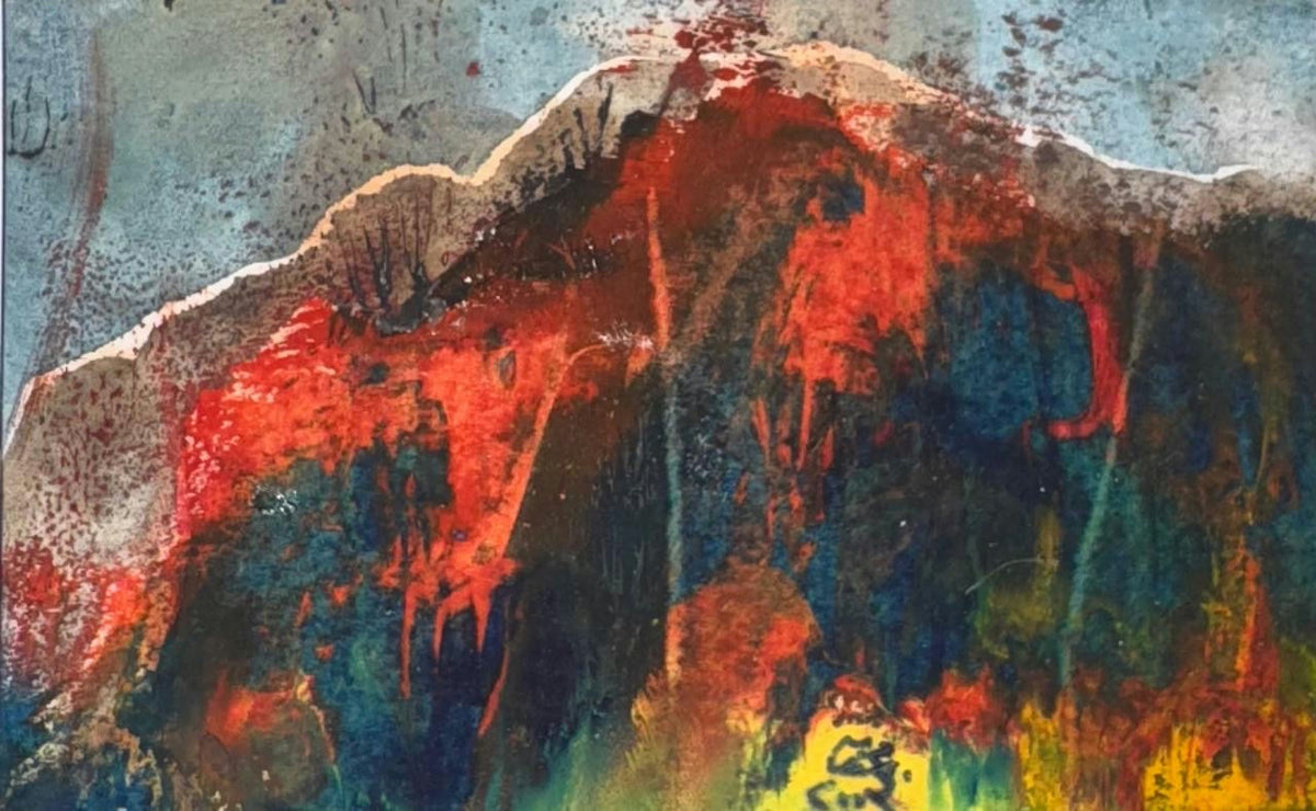 Original Mixed media 'Abstract Mountain Landscape in Red Blue' by Mohammad Bushnaq