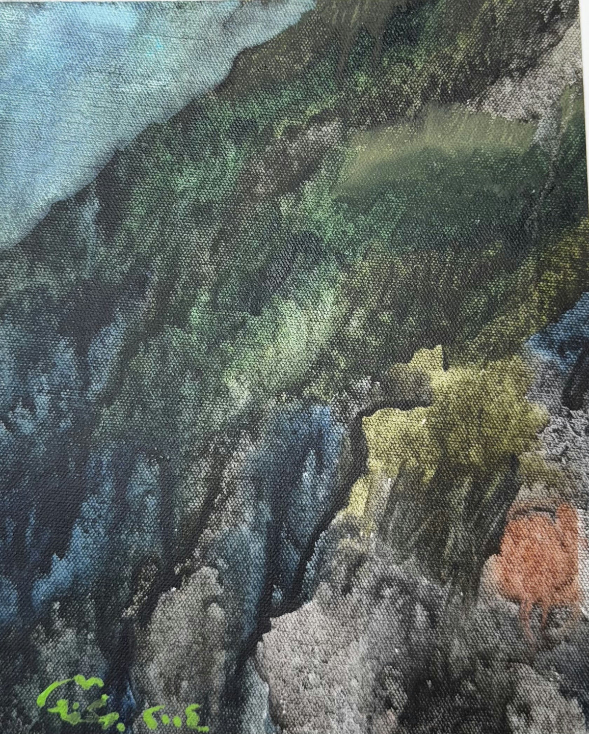 Original Mixed media 'Rocky Cliffs with Green and Grey Tones' by Mohammad Bushnaq