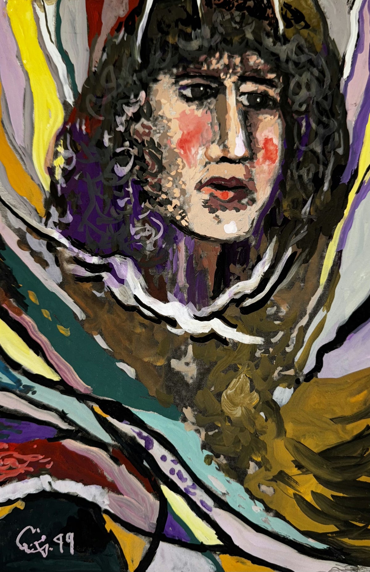 Original Mixed media 'Portrait of a Woman with Colorful Drapery' by Mohammad Bushnaq
