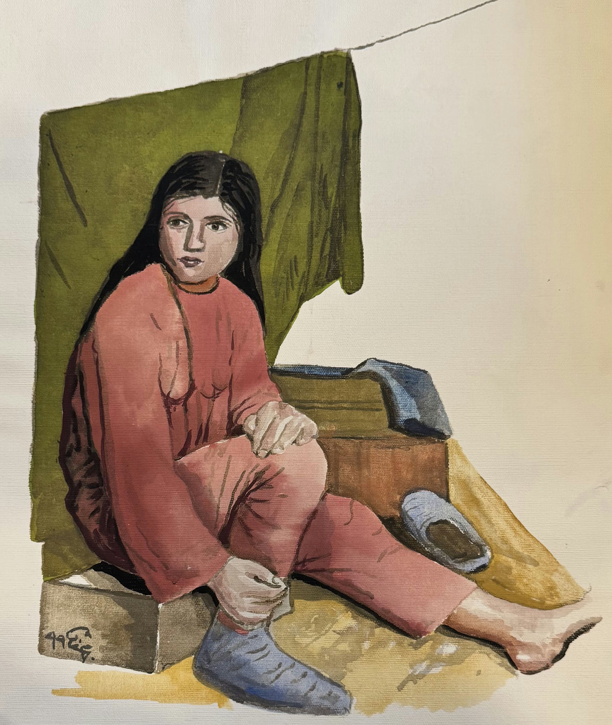 Original Mixed media 'Seated Young Woman in Pink Clothes' by Mohammad Bushnaq