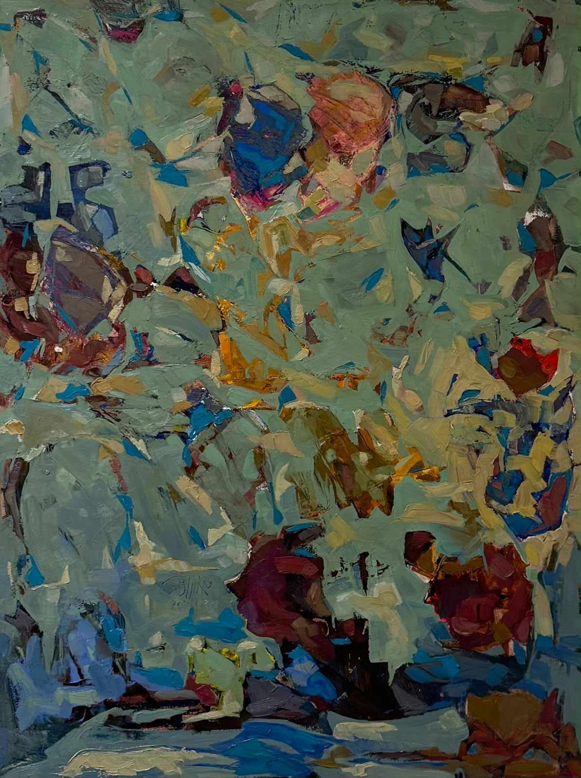 Original Mixed media 'Abstract Mixed Media Green Blue Composition' by Mhanny Yaoud
