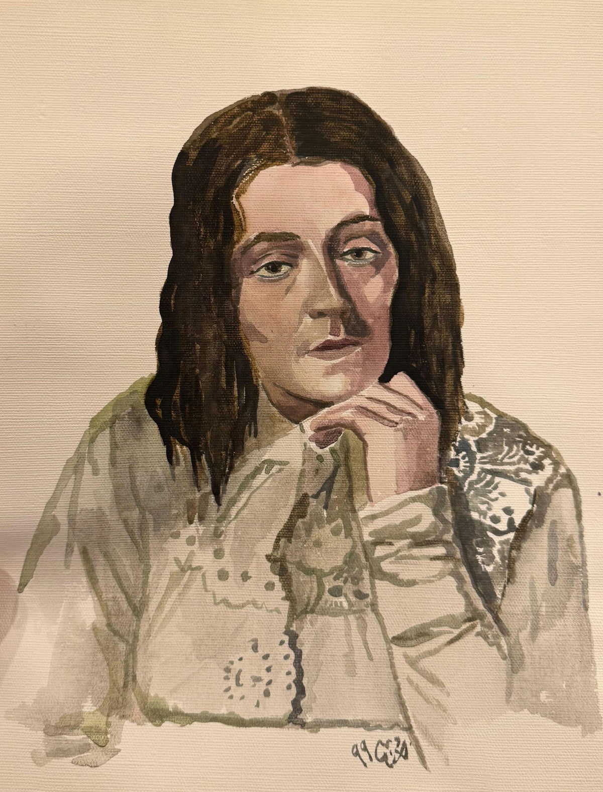 Original Watercolor 'Portrait of a Thoughtful Woman' by Mohammad Bushnaq