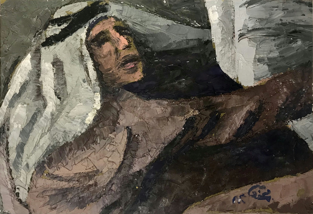Original Oil 'Reclining Figure in Traditional Headdress' by Mohammad Bushnaq