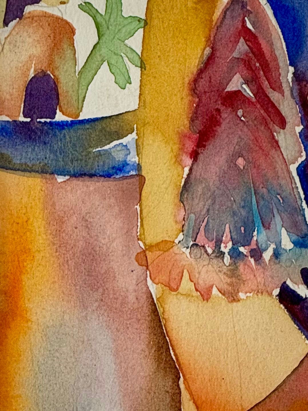 Original Watercolor 'Abstract Figures with Tree and Blue' by Mohammad Bushnaq