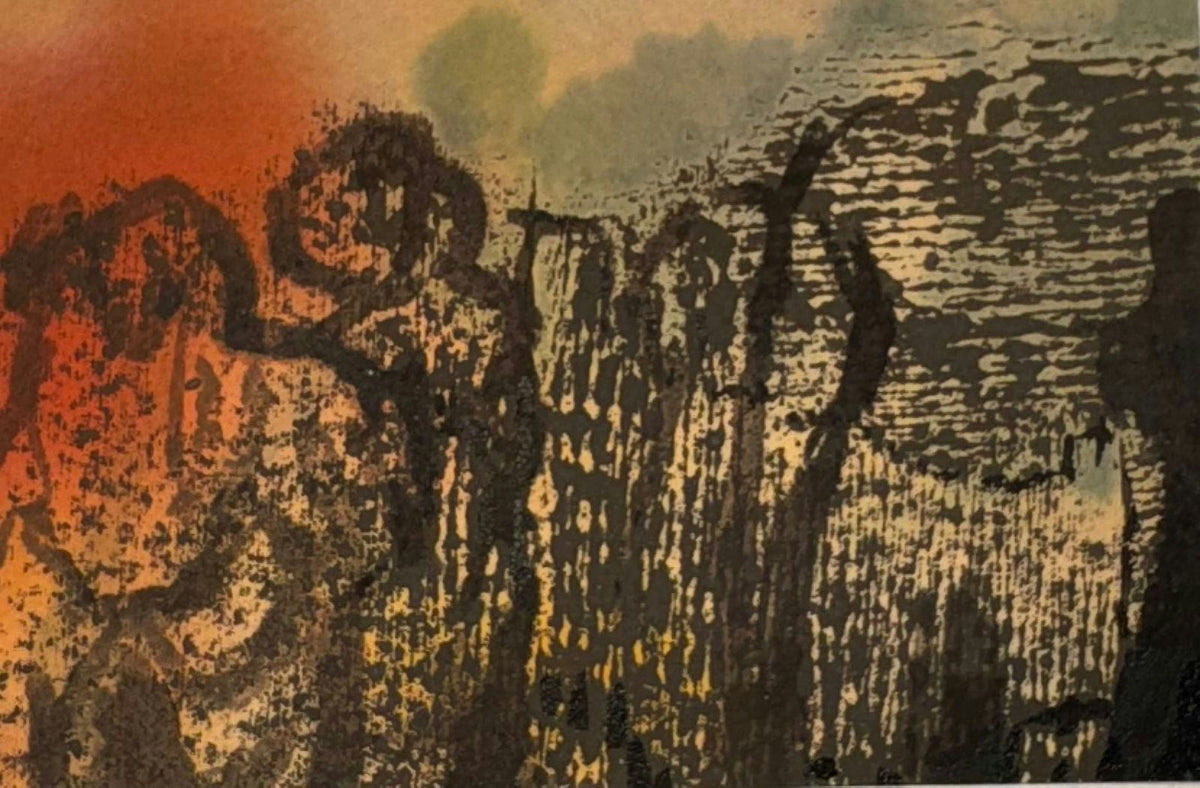 Original Mixed media 'Dark Figures in Textured Orange Landscape' by Mohammad Bushnaq