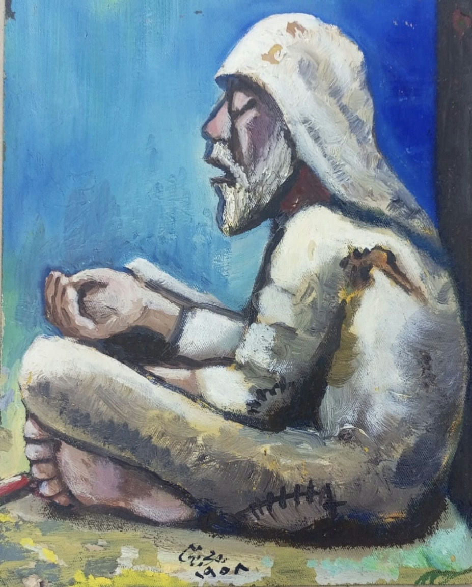 Original Oil 'Seated Bearded Old Man in Profile' by Mohammad Bushnaq