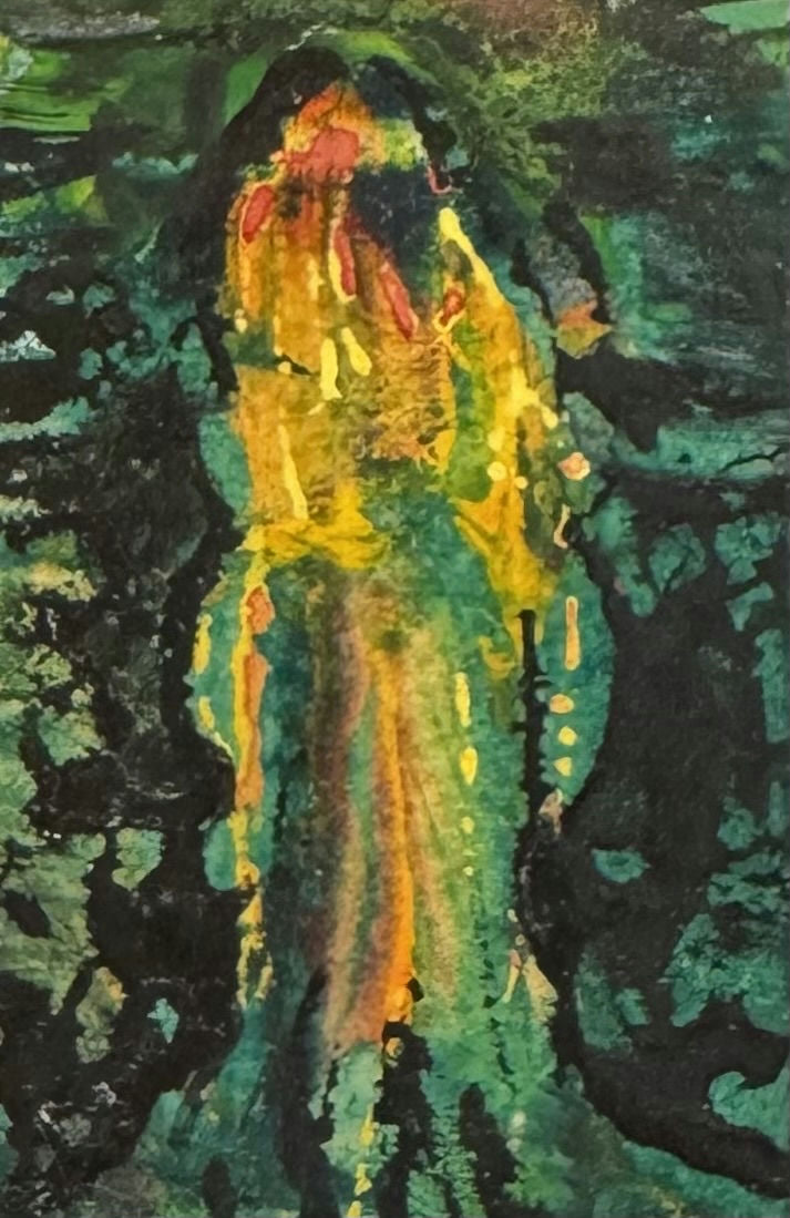 Original Mixed media 'Abstract Figure in Green and Yellow' by Mohammad Bushnaq