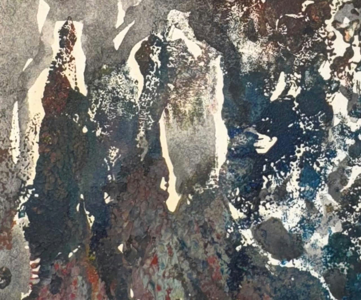 Original Mixed media 'Abstract Figures in Dark Textured Composition' by Mohammad Bushnaq