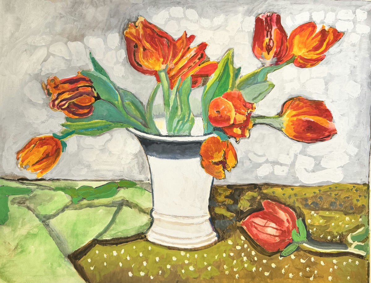Original Mixed media 'Red Orange Tulips in White Vase' by Mohammad Bushnaq
