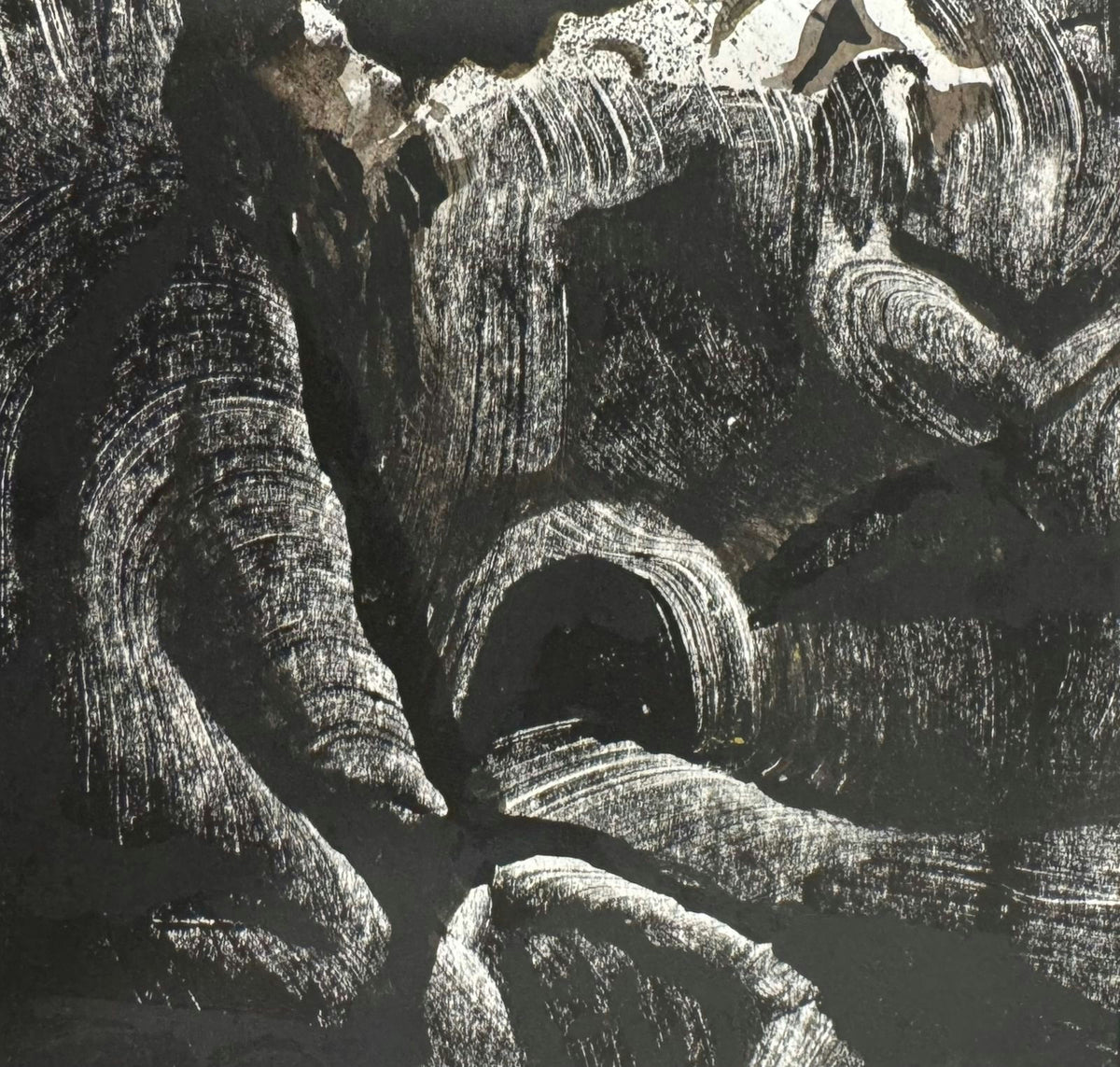 Original Mixed media 'Dark Cave Entrance with Swirling Rocks' by Mohammad Bushnaq