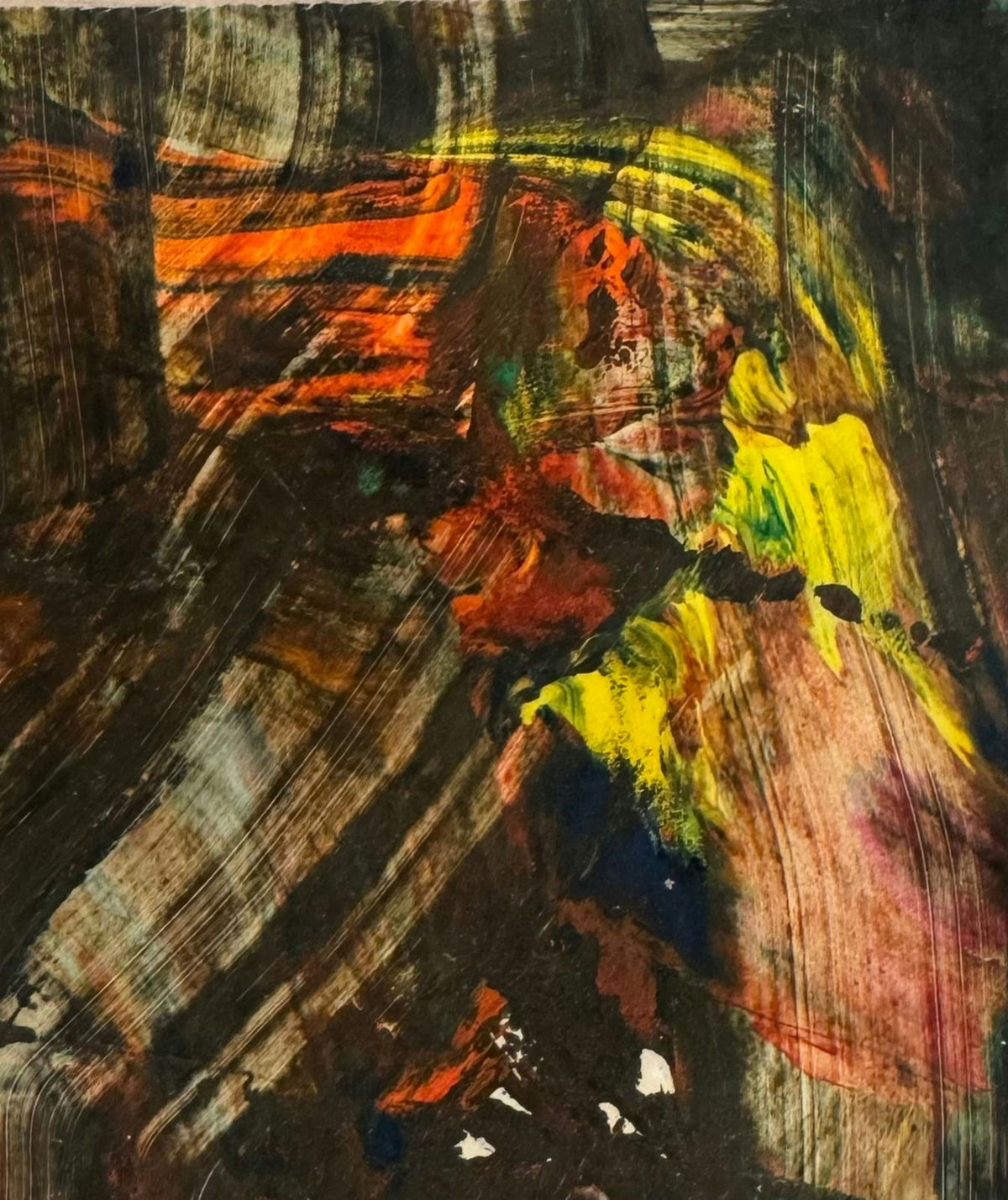 Original Mixed media 'Dark Abstract Swirls in Orange and Yellow' by Mohammad Bushnaq