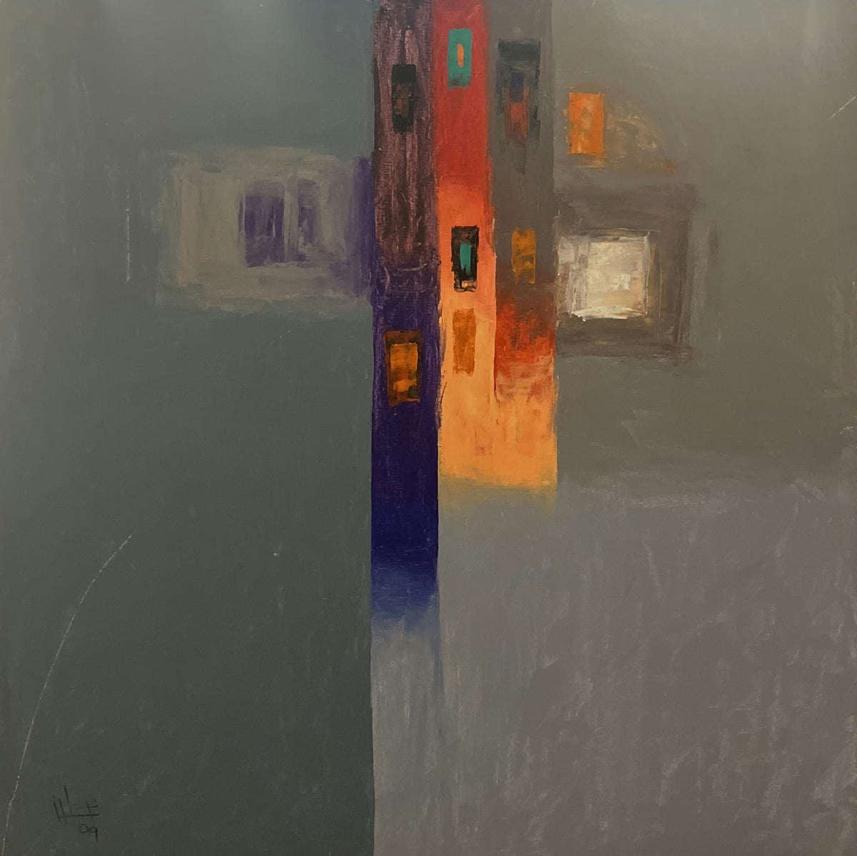 Original Acrylic 'Abstract Urban Buildings with Glowing Windows' by Ghassan Abulaban            