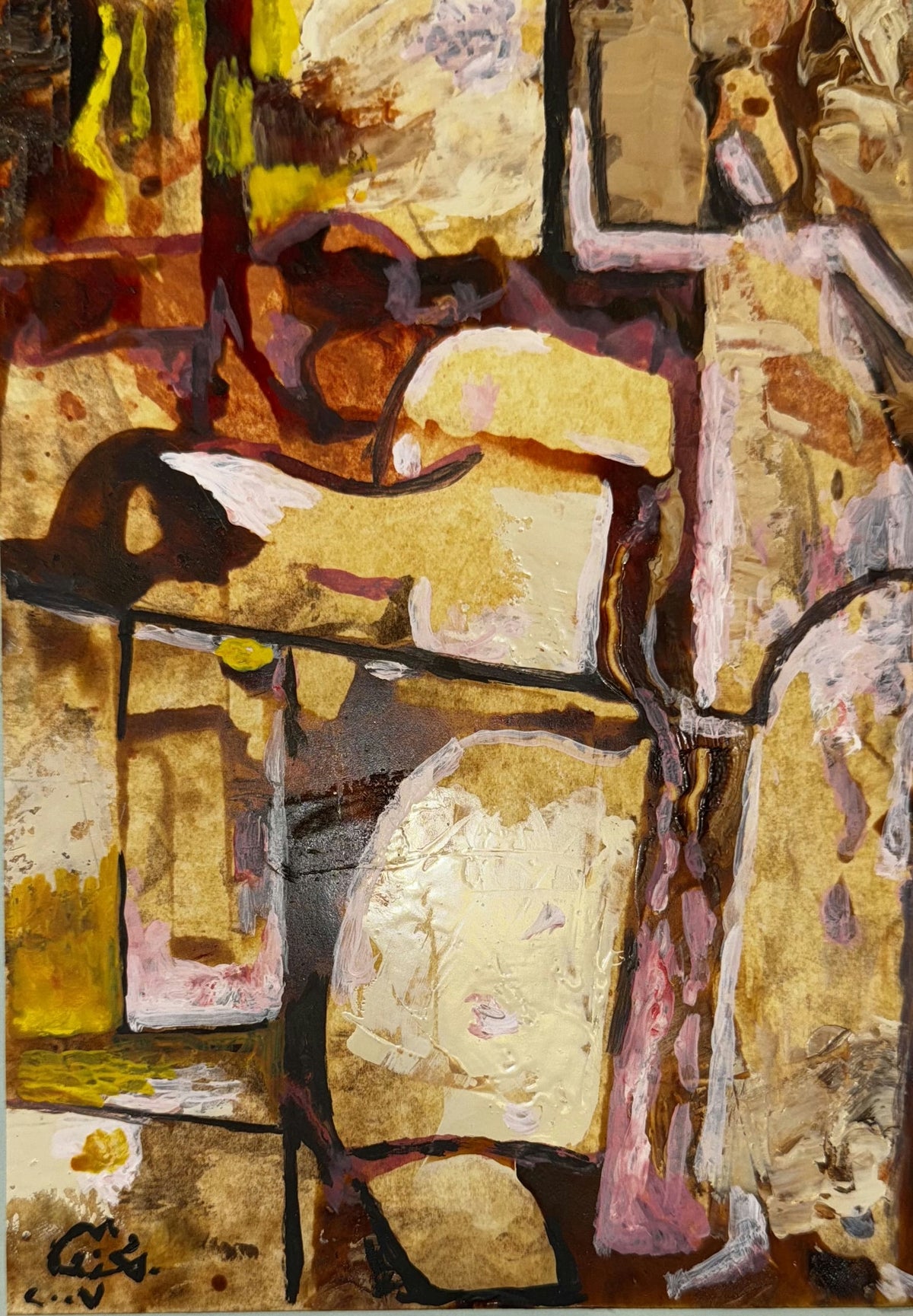 Original Mixed media 'Abstract Brown and Yellow Mixed Forms' by Mohammad Bushnaq