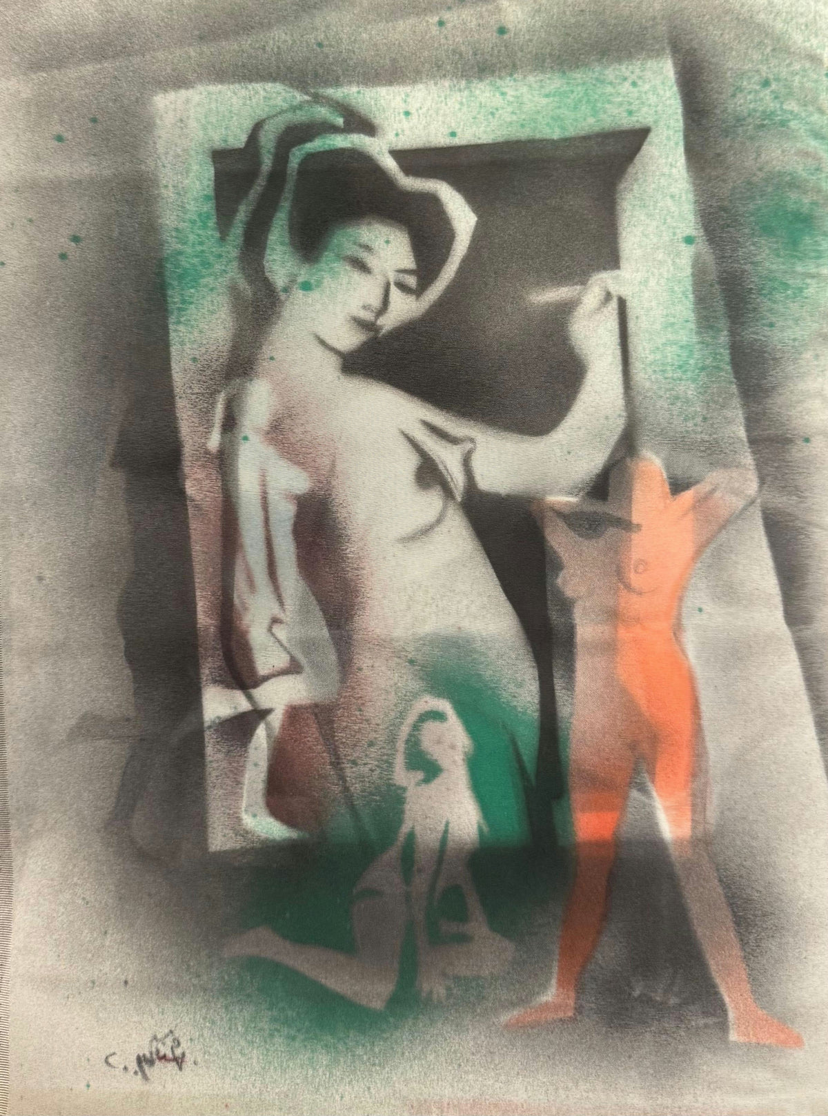 Original Mixed media 'Figures in Green and Orange' by Mohammad Bushnaq