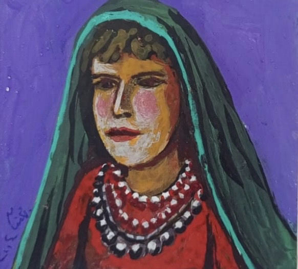 Original Watercolor 'Woman in Green Veil and Red Dress' by Mohammad Bushnaq
