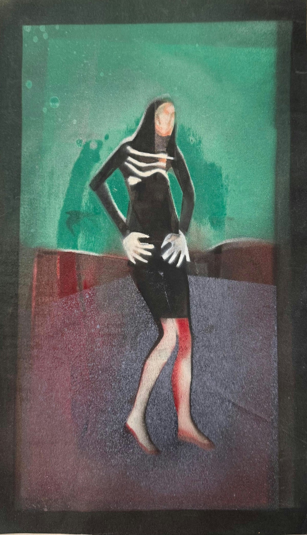 Original Oil 'Standing Female Figure in Black Dress' by Mohammad Bushnaq