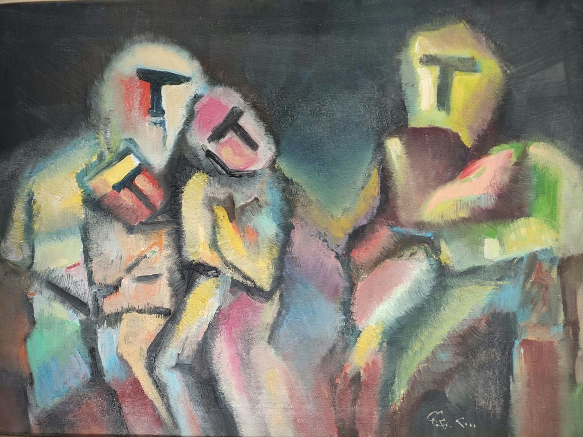 Original Oil 'Three Abstract Figures Dark Background' by Mohammad Bushnaq
