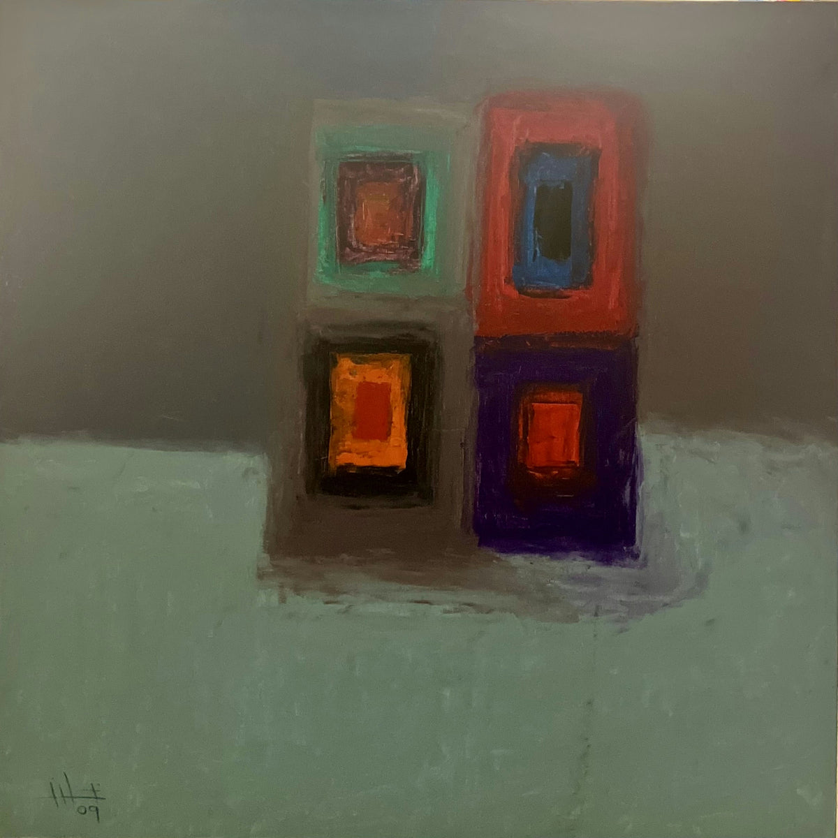 Original Acrylic 'Four Coloured Nested Rectangles on Grey' by Ghassan Abulaban               