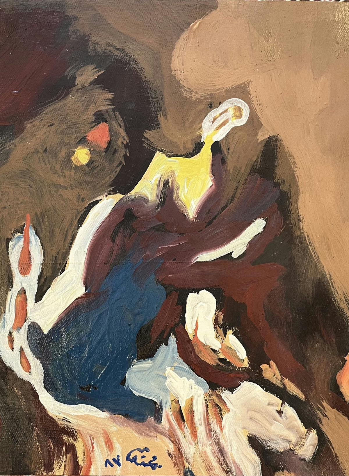 Original Mixed media 'Abstract Figure in Brown and Blue' by Mohammad Bushnaq