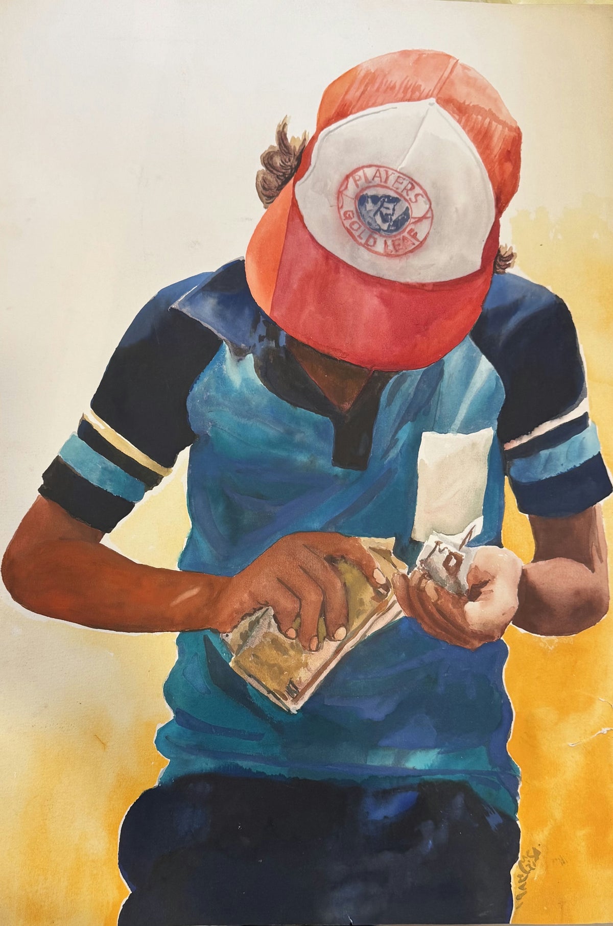 Original Mixed media 'Boy in Cap Counting Money' by Mohammad Bushnaq