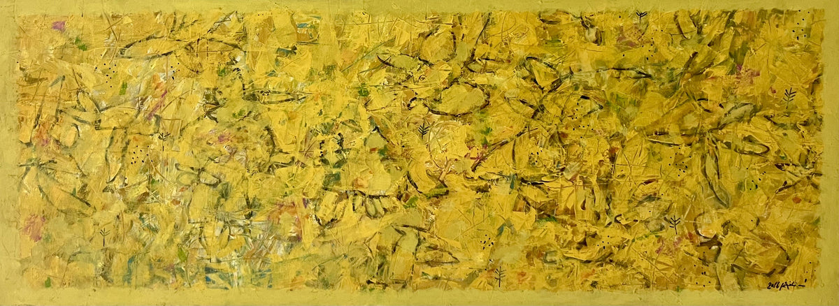 Original Acrylic 'Golden Abstract Marks on Yellow' by Fakher Mohammed