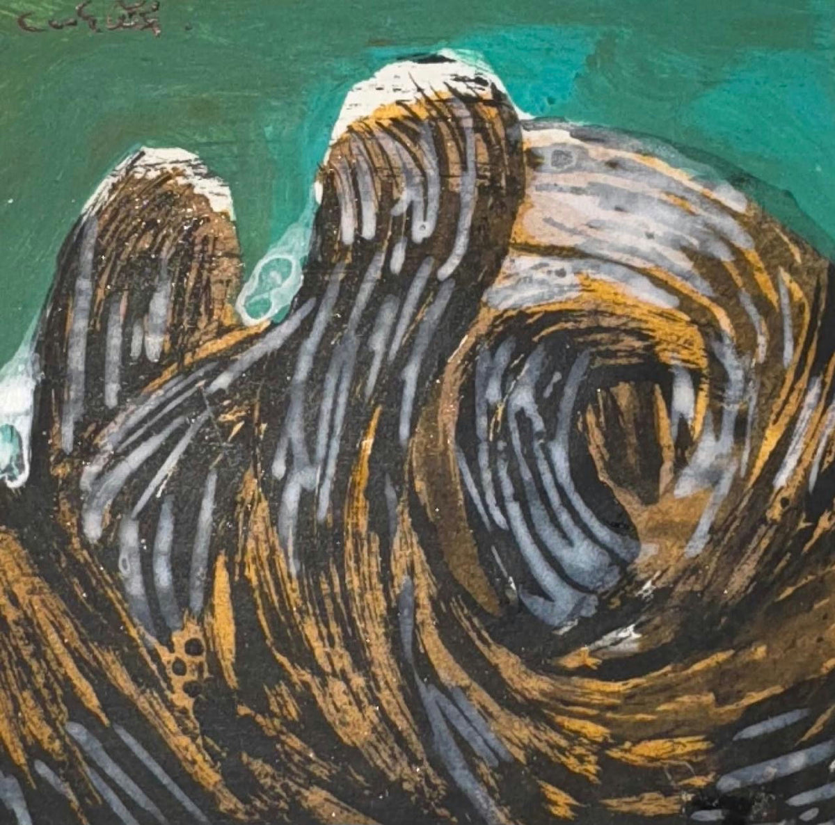 Original Mixed media 'Swirling Brown and Green Abstract Forms' by Mohammad Bushnaq