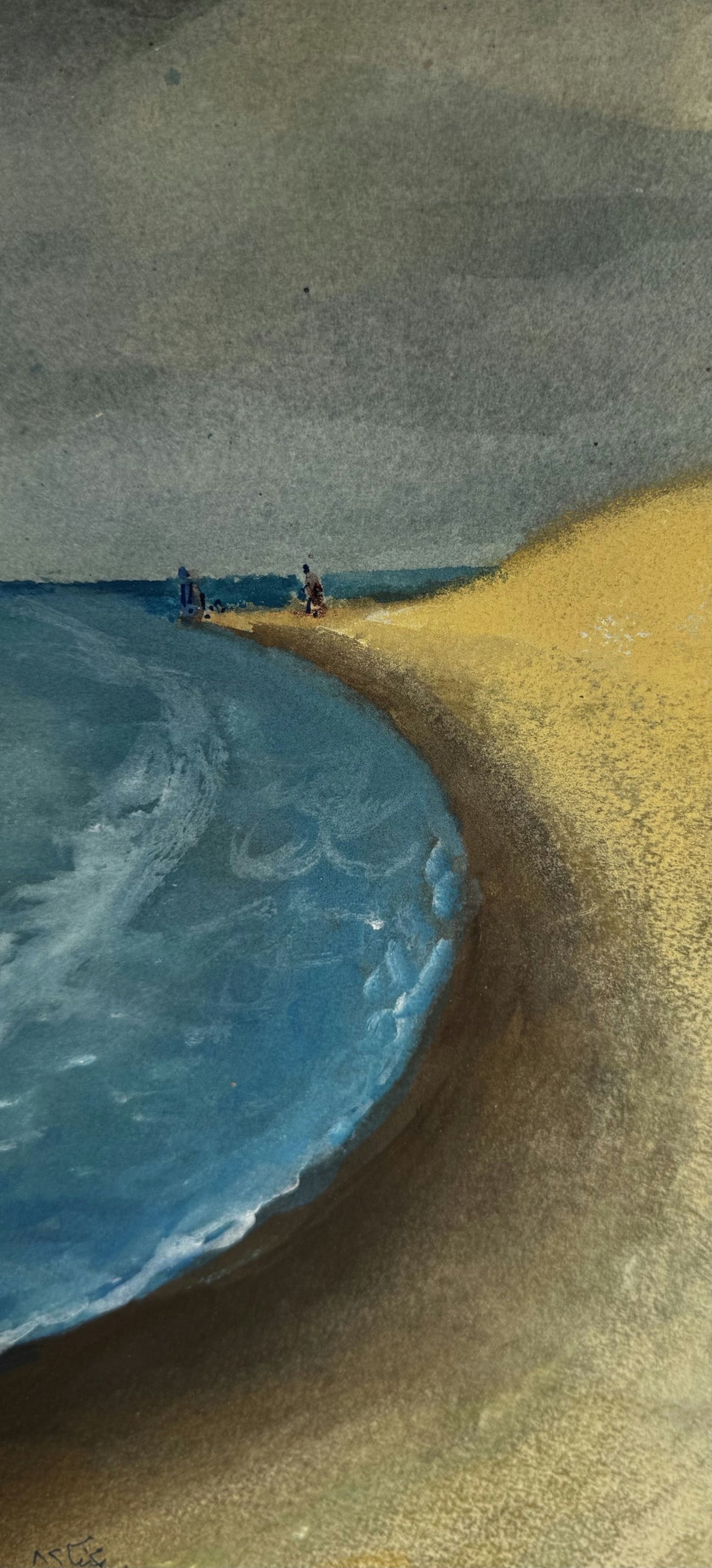 Original Mixed media 'Figures on Sandy Shore by Sea' by Mohammad Bushnaq