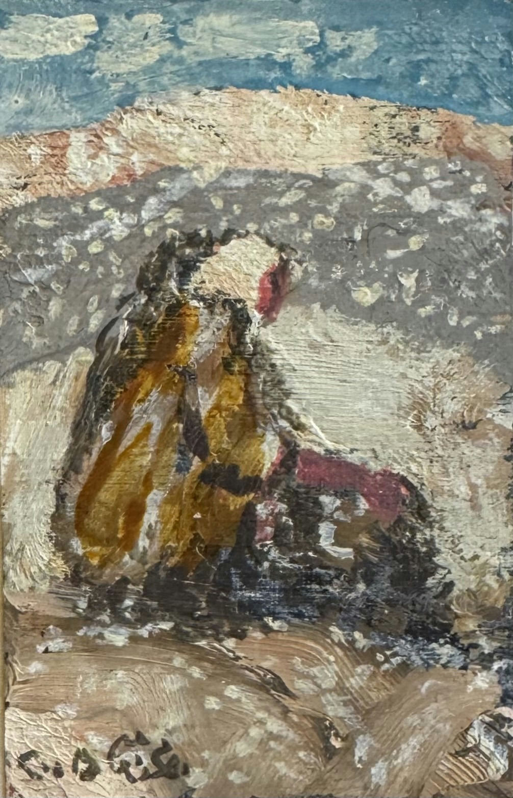 Original Mixed media 'Seated Figure in Traditional Dress' by Mohammad Bushnaq