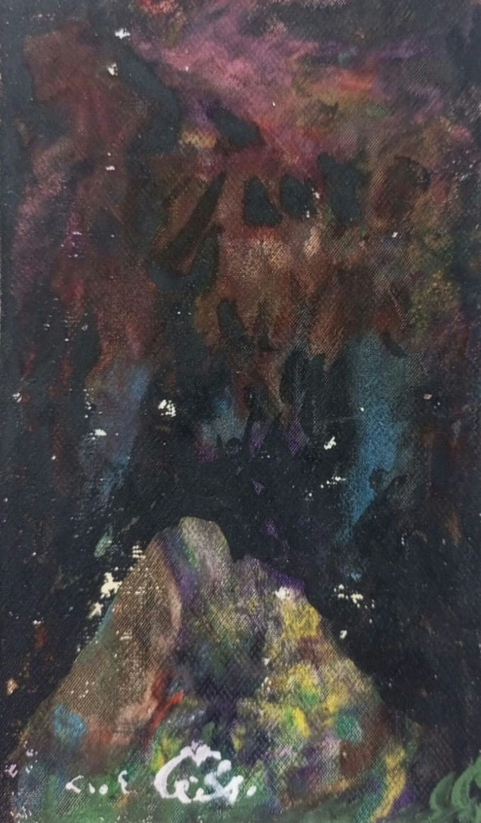 Original Oil 'Dark Abstract with Rock Formation' by Mohammad Bushnaq