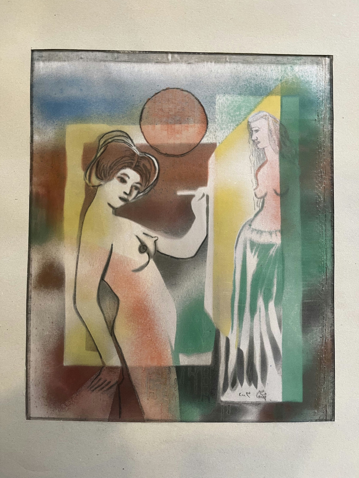 Original Acrylic 'Two Female Figures with Geometric Shapes' by Mohammad Bushnaq