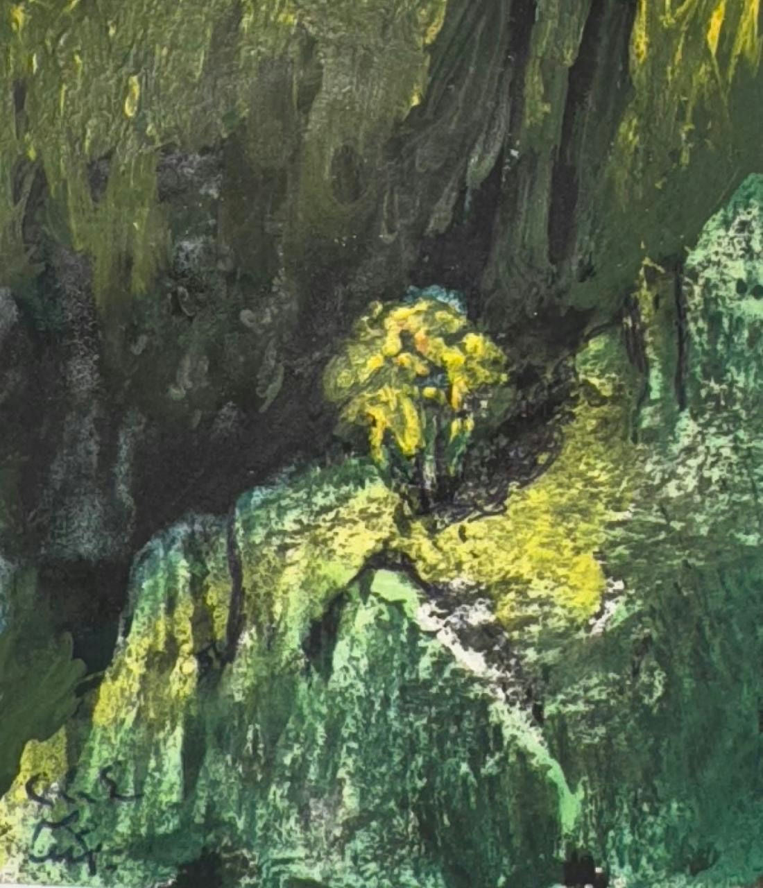 Original Mixed media 'Lone Yellow Tree on Green Rocks' by Mohammad Bushnaq