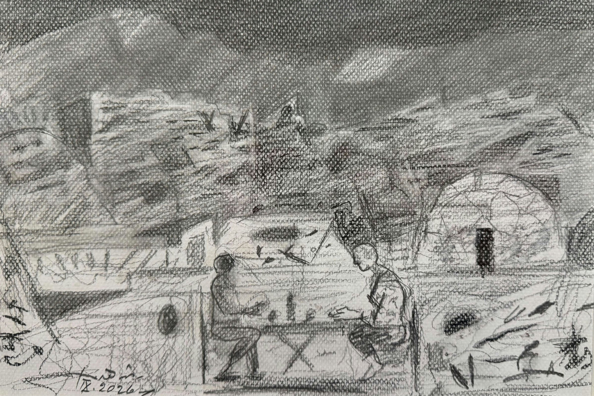 Original Ink & Pencil (Sketches) 'Two Figures Seated at Table Outdoors' by Edward Shahda