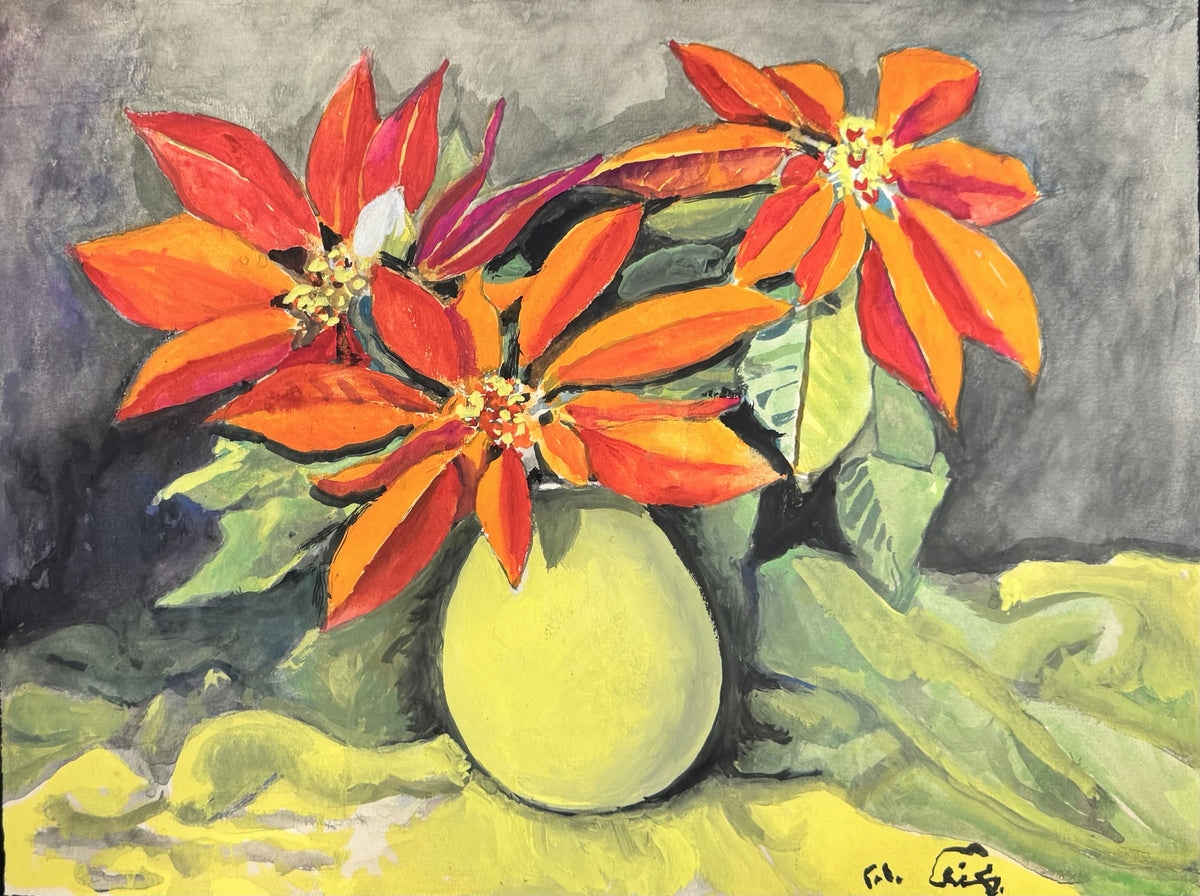 Original Mixed media 'Orange Flowers in Round White Vase' by Mohammad Bushnaq