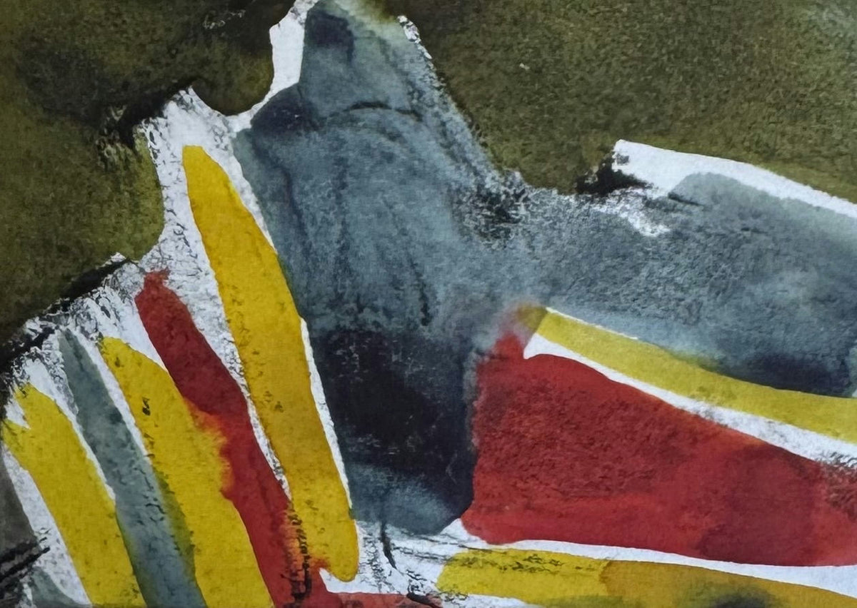 Original Mixed media 'Abstract Forms in Red Yellow Grey' by Mohammad Bushnaq