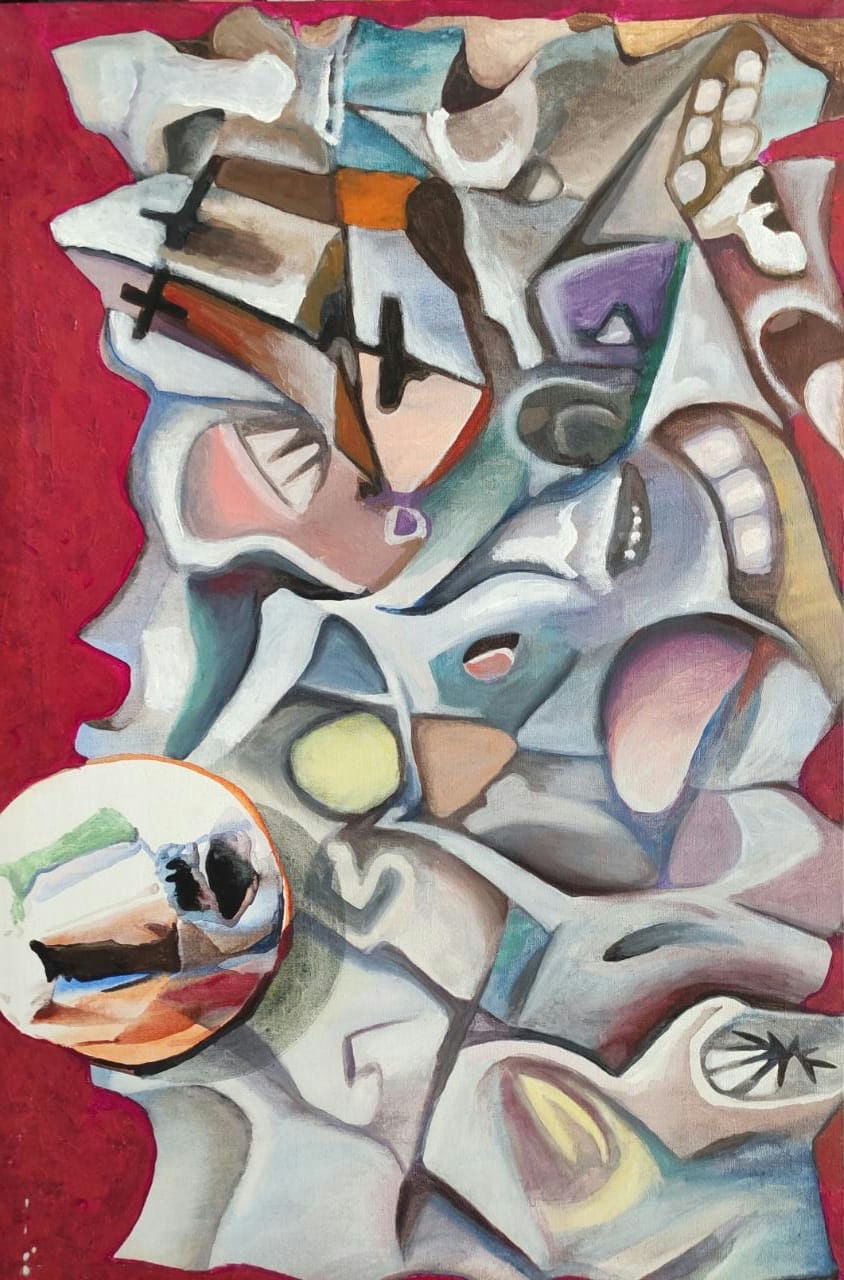Original Oil 'Abstract Fragmented Forms on Red' by Mohammad Bushnaq