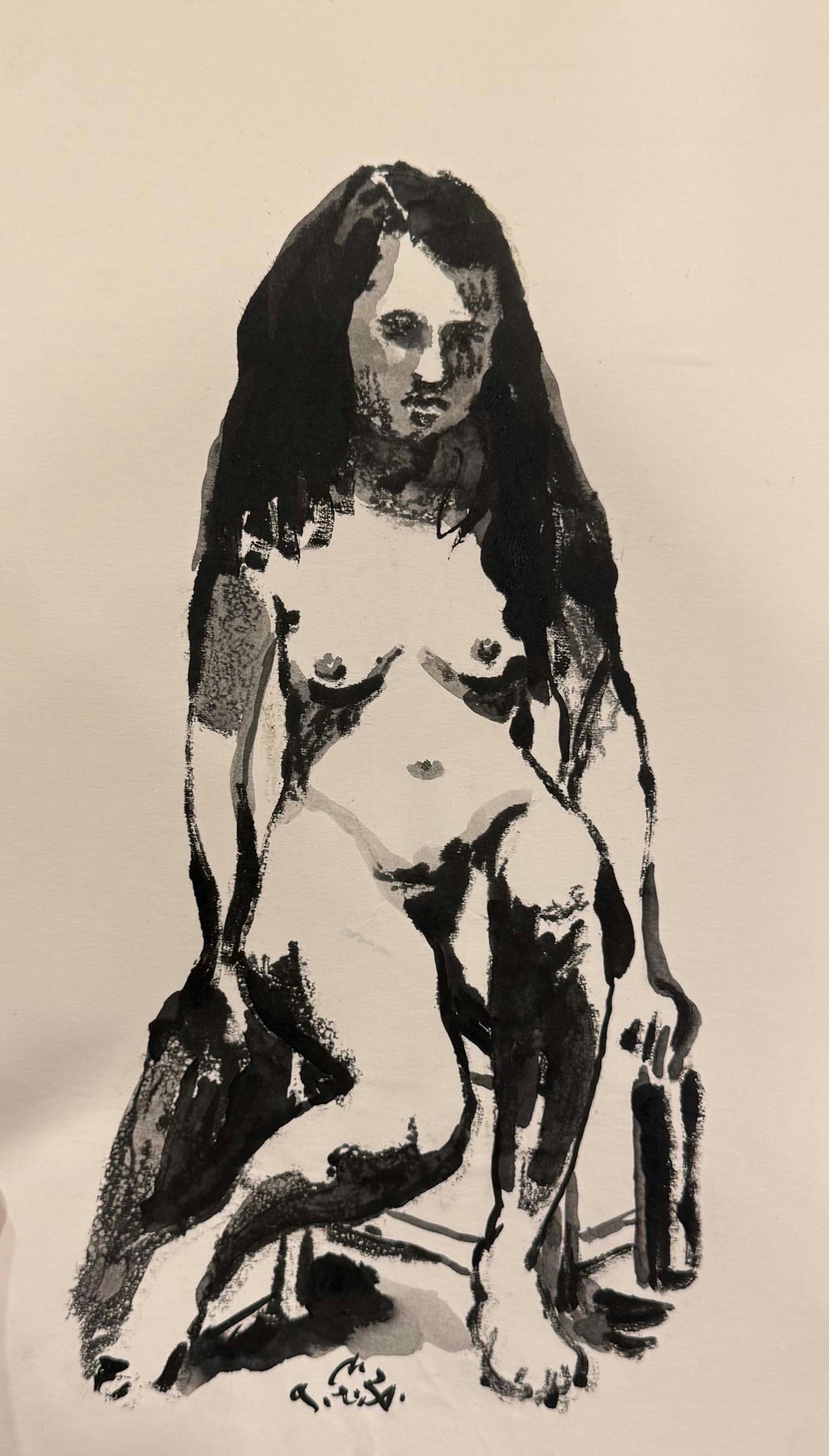 Original Watercolor 'Seated Nude Female Figure Study' by Mohammad Bushnaq