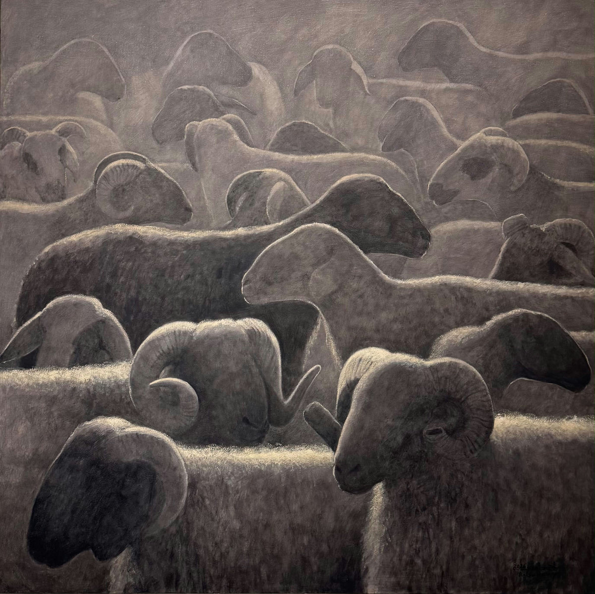 Original Oil 'Large Flock of Sheep Together' by Ahmed Elbadawy