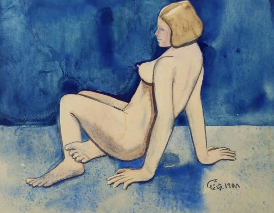Original Watercolor 'Seated Nude Female Figure Blue Background' by Mohammad Bushnaq