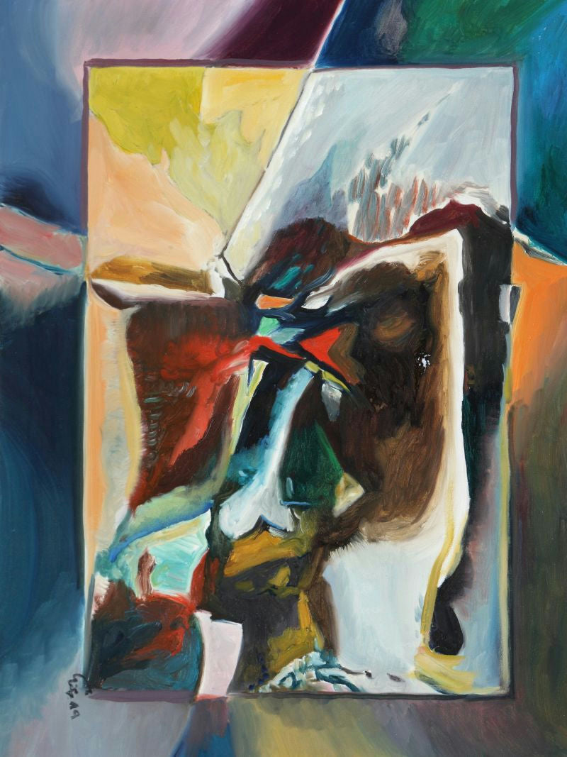 Original Oil 'Abstract Composition in Blue and Red' by Mohammad Bushnaq