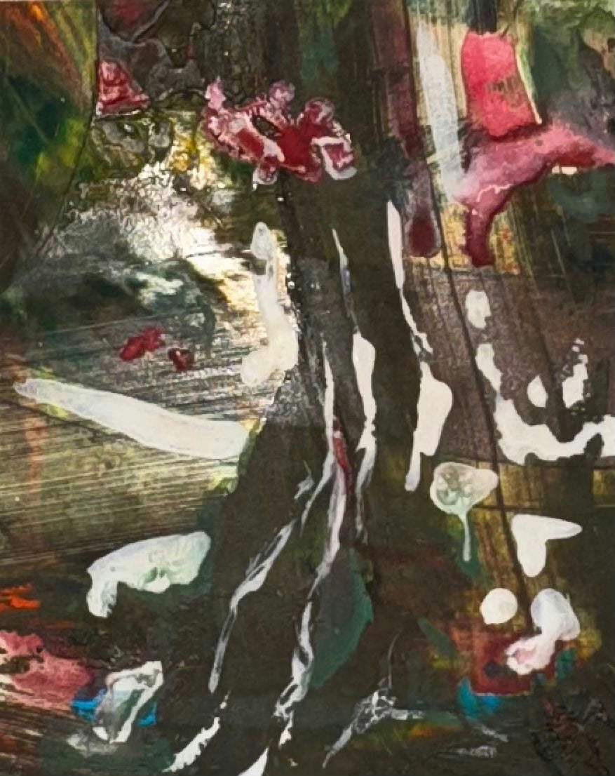 Original Mixed media 'Dark Abstract with Pink and White' by Mohammad Bushnaq