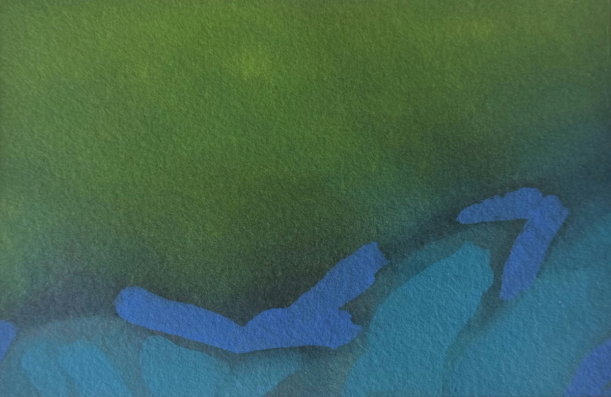 Original Mixed media 'Blue Abstract Forms on Green Field' by Mohammad Bushnaq