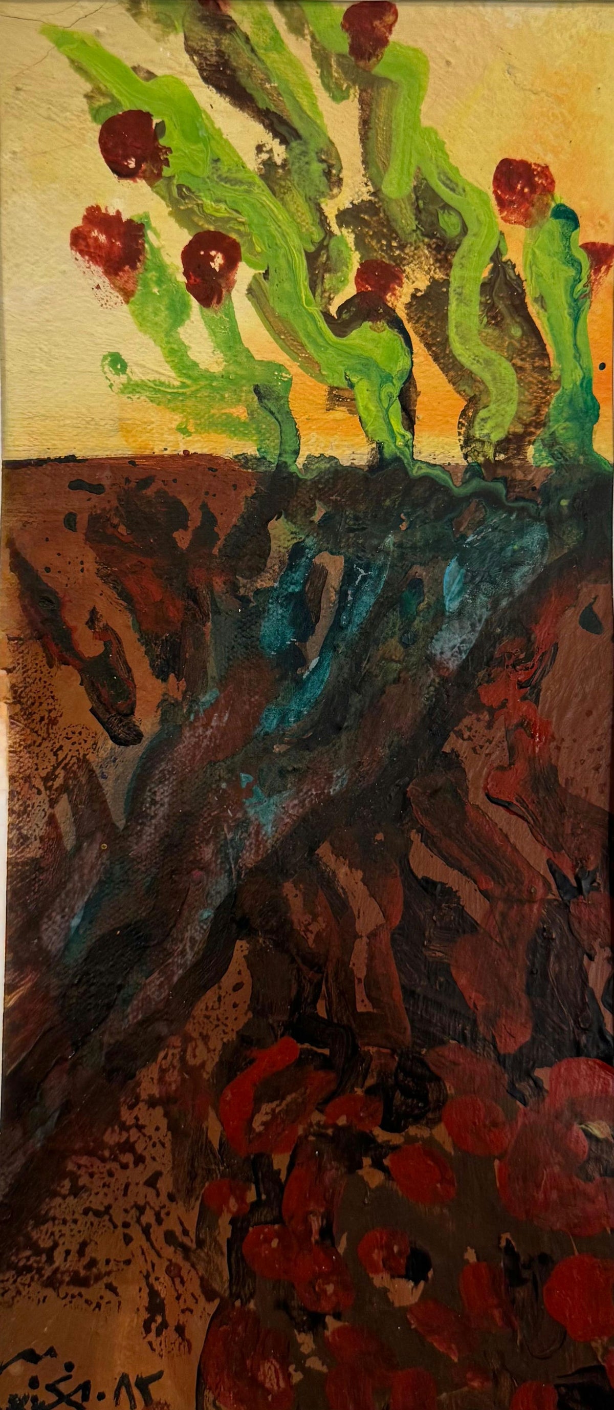 Original Oil 'Green Plants with Red Blooms on Dark Earth' by Mohammad Bushnaq
