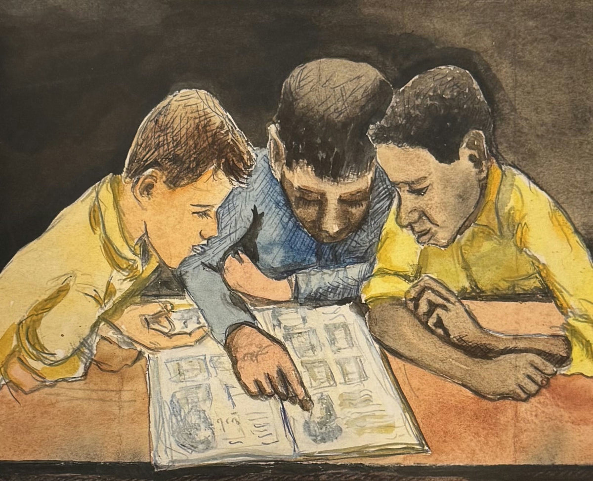 Original Mixed media 'Three Boys Reading a Book Together' by Mohammad Bushnaq