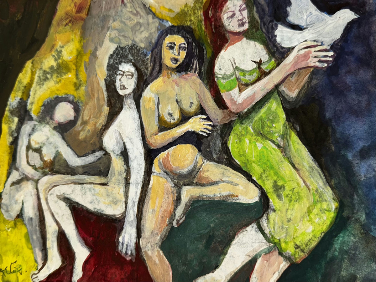 Original Mixed media 'Four Figures with White Dove' by Mohammad Bushnaq