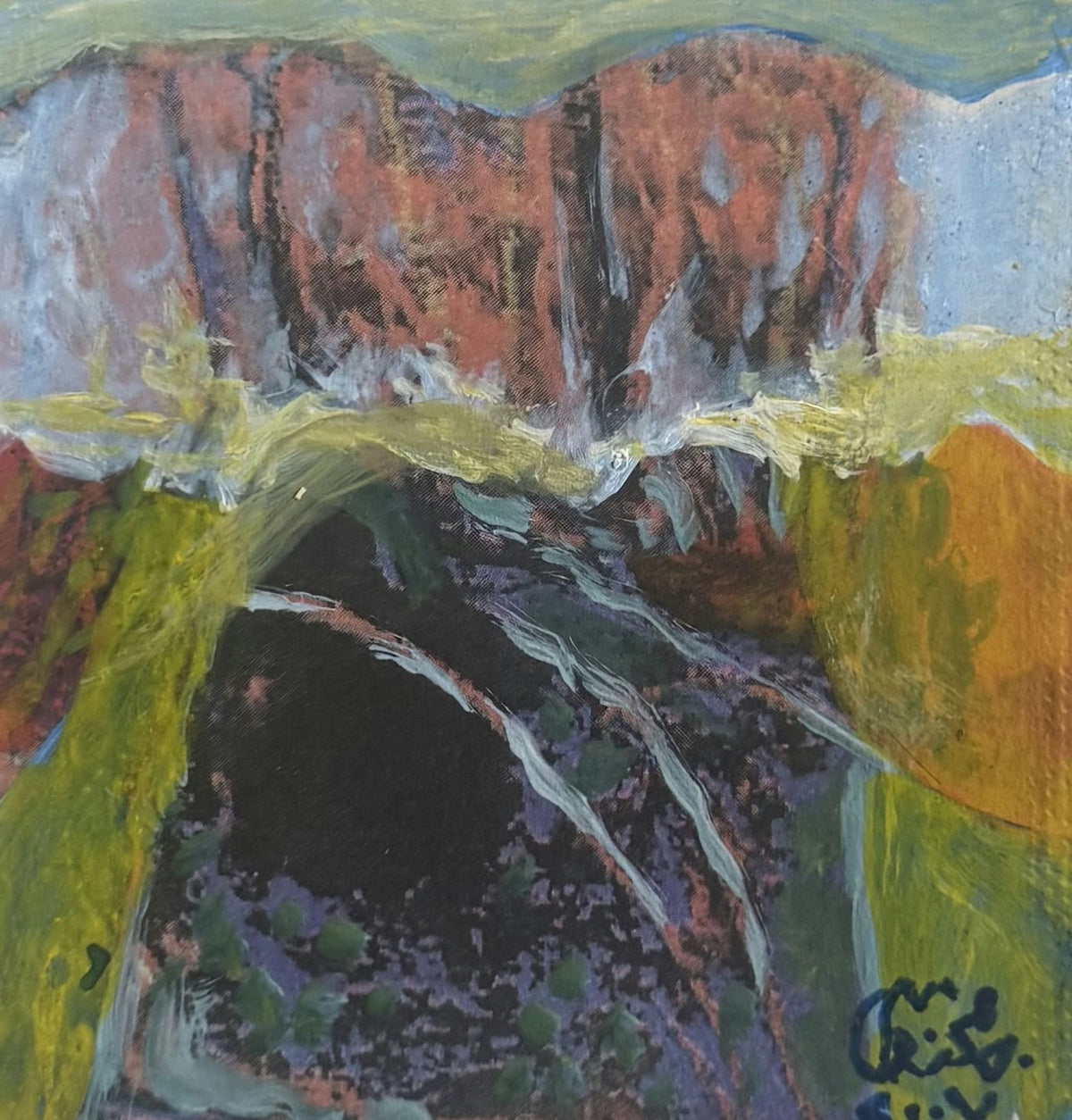 Original Mixed media 'Rocky Cliffs Above Dark Valley' by Mohammad Bushnaq
