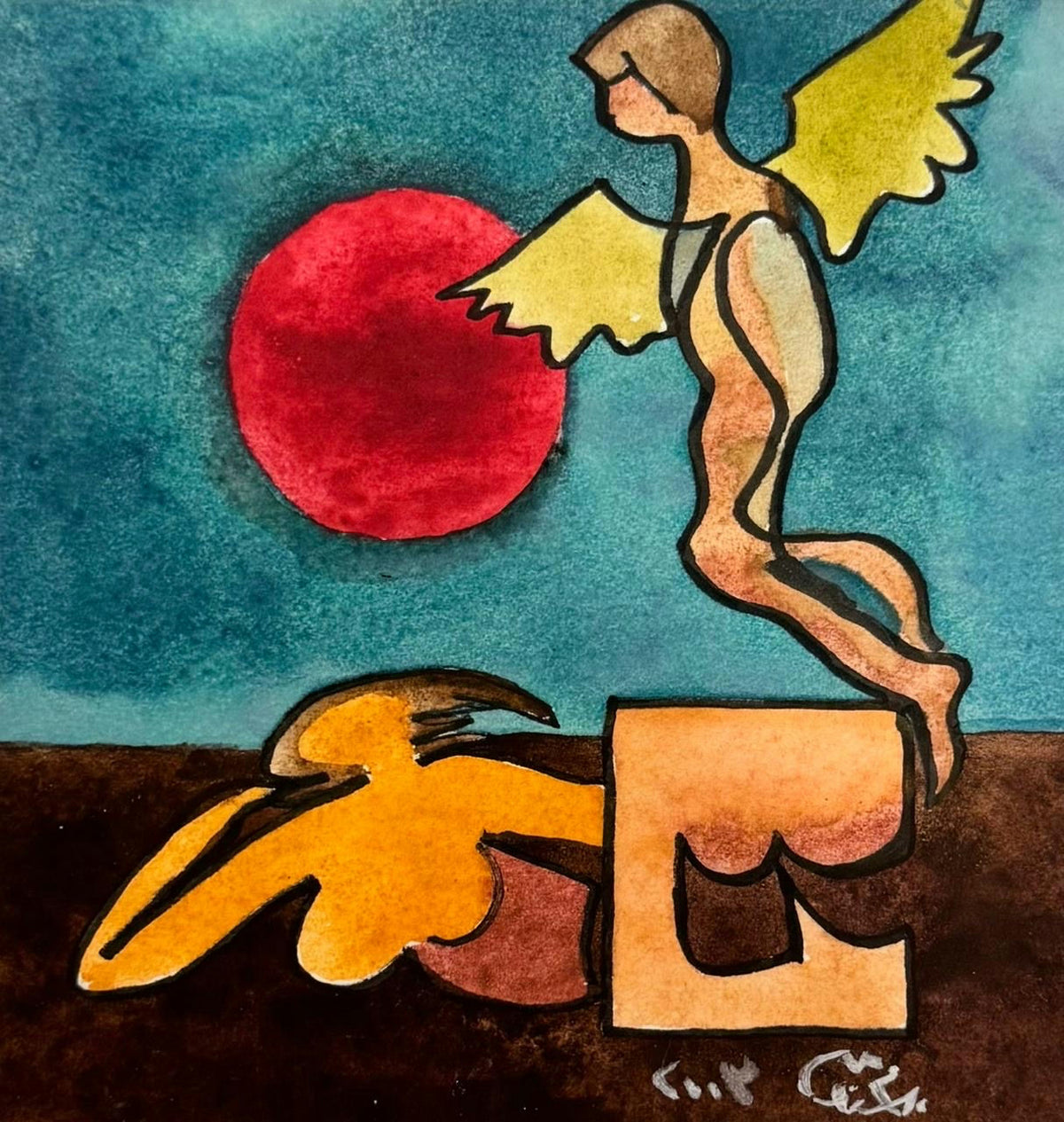Original Watercolor 'Winged Figure Above Fallen Form' by Mohammad Bushnaq