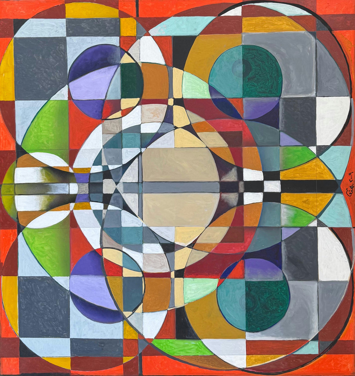 Original Oil 'Geometric Circles and Squares Composition' by Mohammad Bushnaq